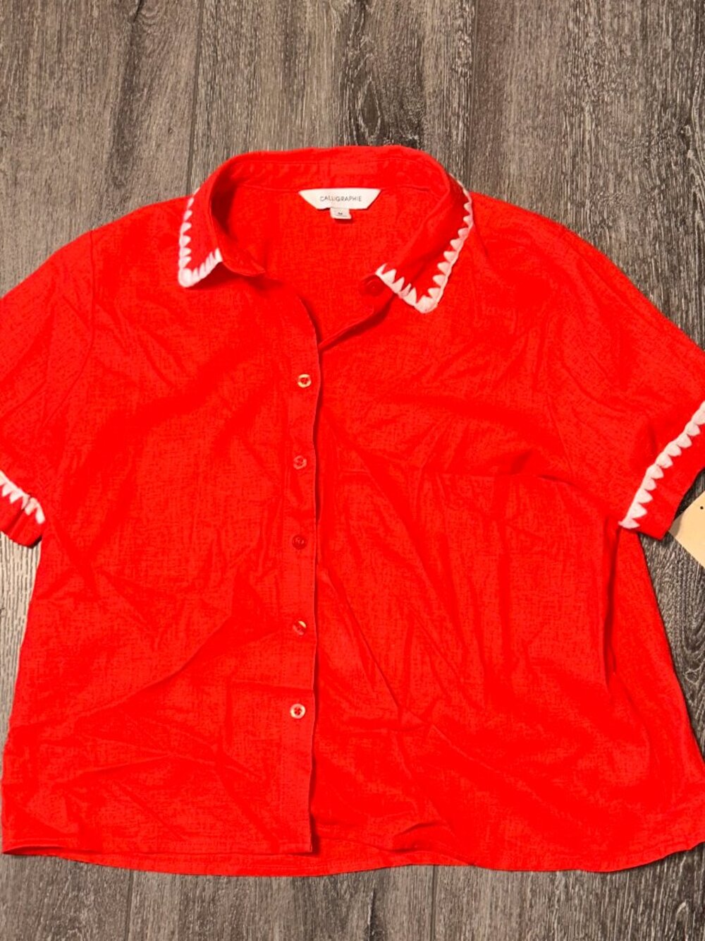 Calligraphie Collared Top Blouse Size M Red Short Sleeve Button Up Shirt NWT NEW